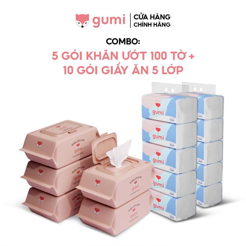 (Mall) Combo thùng 10 gói giấy ăn 5 lớp Gumi cao cấp + Khăn ướt Gumi Bộ 5 gói không cồn không parabens cao cấp dành cho em bé Cho Bé