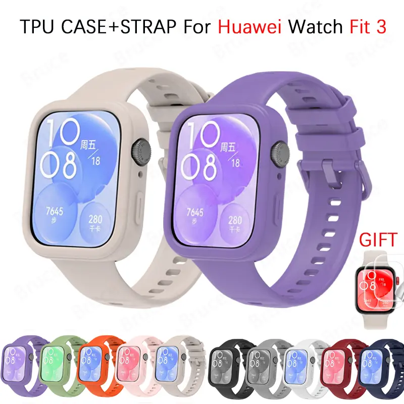 Sarung TPU Tali Silikon, Reka Bentuk 2in1, Untuk Jam Tangan Pintar Huawei Watch Fit 3, Penggantian Tali Jam Tangan Rasmi, Cangkang Pelindung