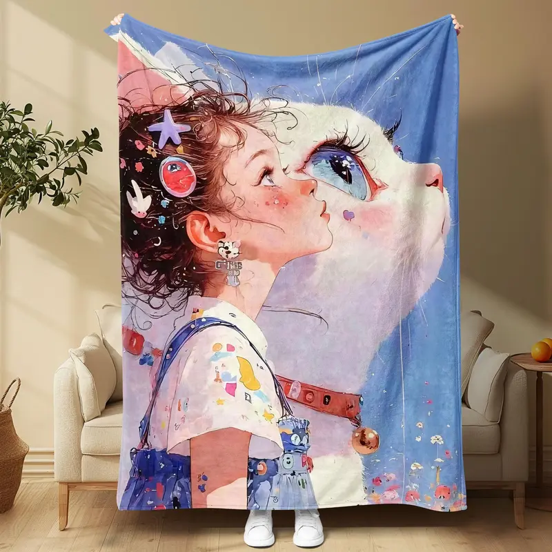 Cartoon Girl & Cat Pattern Blanket, 1/2 Counts Soft Warm Throw Blanket, Warm Nap Blanket for Home Office 0