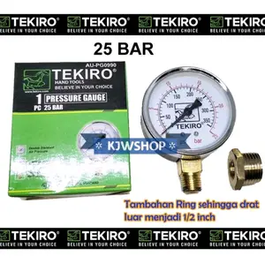 TEKIRO Manometer 25 Bar AU-PG0990 Drat 1/2 Kuningan Pressure Gauge 25kg Pengukur Tekanan Angin 1/2 Inch Alat Ukur Uap Air Gas Laundry Manometer TEKIRO 25 Bar