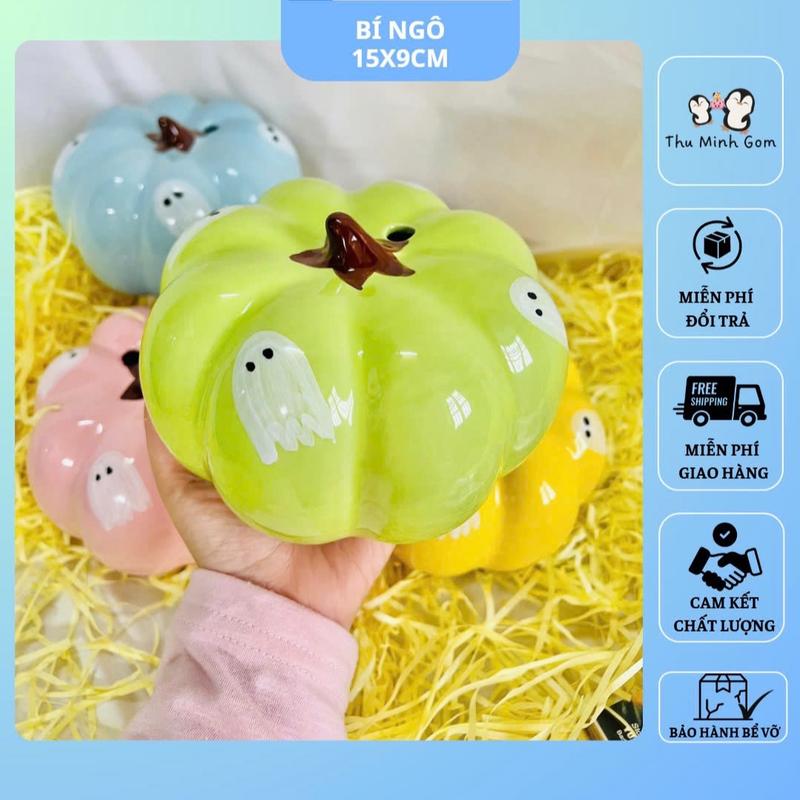    lỗ tròn + lỗ dẹt   Bí ngô size nhỏ tiết kiệm - ống đựng tiền tiết kiệm size bé -  Lợn đất lỗ tròn - Ống heo hình bí ngô gốm sứ 