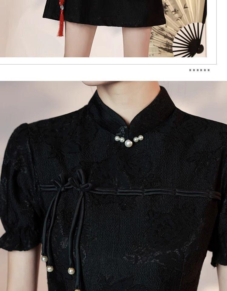 Product Introduction of Black Cheongsam New Summer Improvement Young New Chinese Style Small Girl Dress Lace Short Casual Womenswear 12
