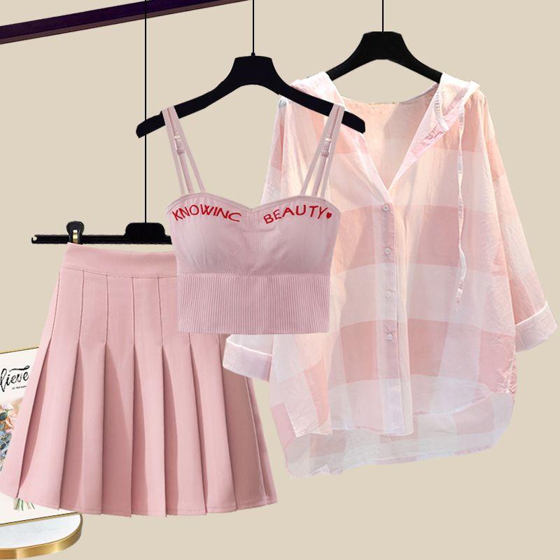  Quần Áo Nữ Ngoại Cỡ Bộ Đồ Mùa Hè Bộ Sưu Tập 2024 Dây Treo Mỏng Giấu Flab Áo Sơ Mi Kẻ Sọc Váy Xếp Ly Bộ Đồ Ba Mảnh Thời Trang Hàng Mới Về 