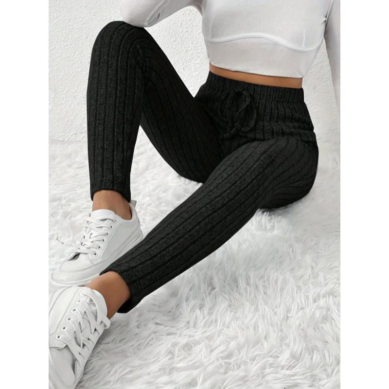 Product Introduction of Women's High-Waist Ribbed Knit Leggings - Slimming, Stretchy Solid Color with Decorative Drawstring, Cozy & Chic for Fall/Winter, Machine Washable 25