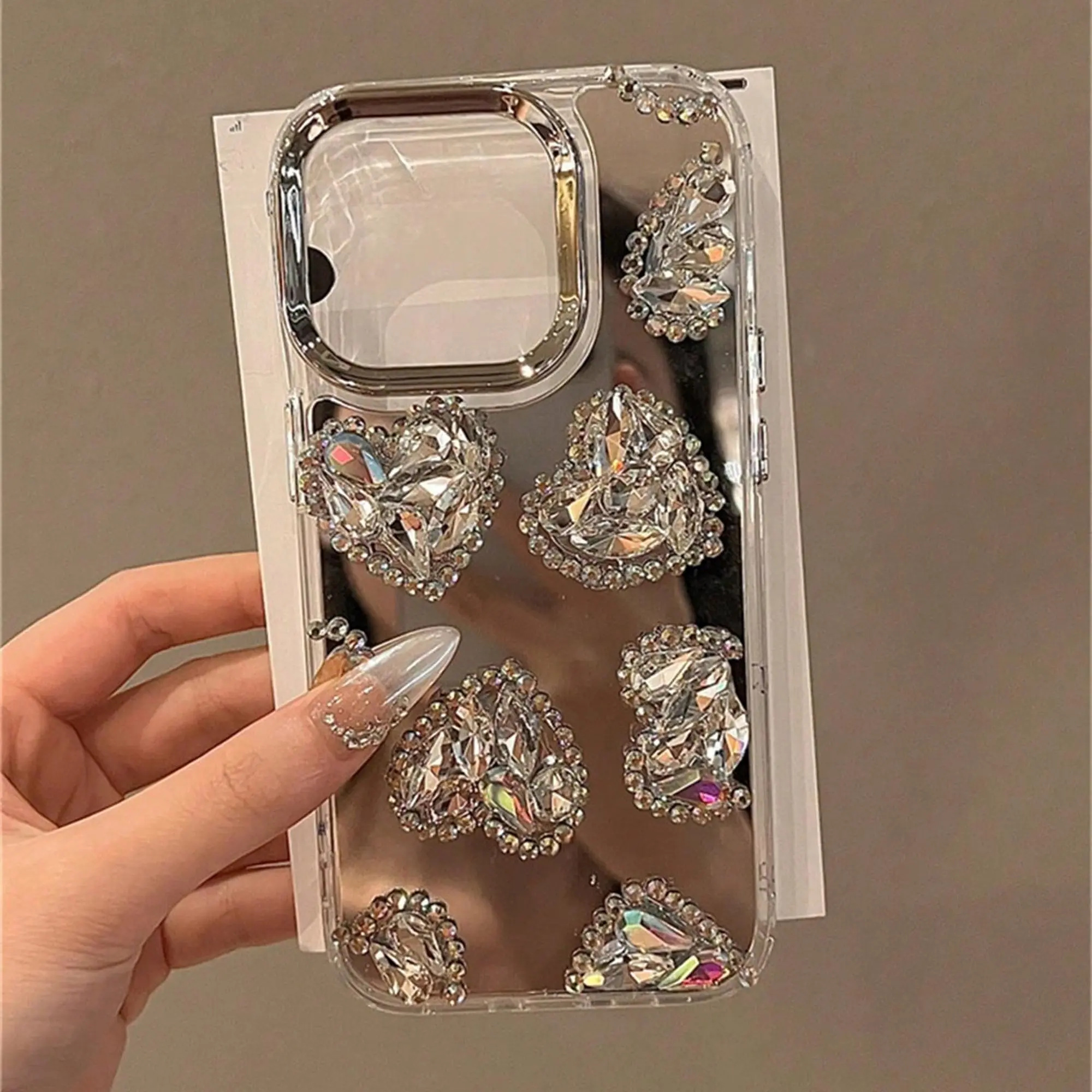 Mirror Rhinestone Decor Phone Case, 1 Count Fashionable Phone Protector Cover, Phone Accessories Compatible with iPhone 15 14 13 12 11 Pro Max