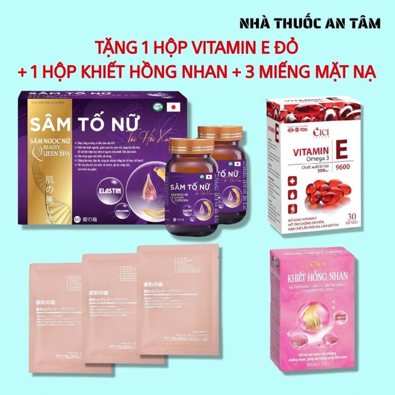 [Mua 1 Được 4] Combo Viên Uống Sâm Tố Nữ Tái Hồi Xuân (Hộp 2 Lọ 60 Viên) + Tặng 1 Hộp Collagen Khiết Hồng Nhan + 1 Hộp Vitamin E Đỏ Omega 3 + Mặt Nạ Cừu
