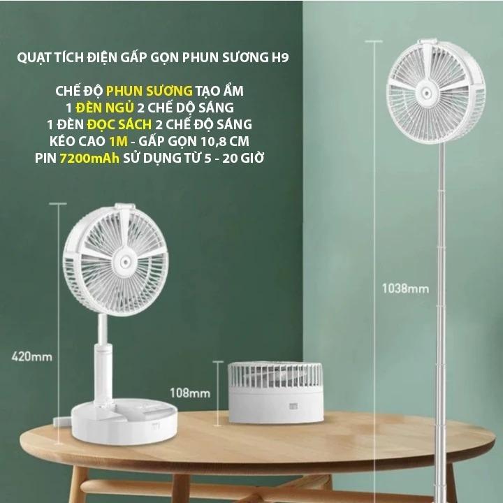  Quạt sạc tích điện H9 Quạt phun sương hơi nước 3 tốc độ gió Quạt kiêm sạc pin trâu 7200mAh Quạt tích điện thông minh có đèn chiếu sáng Quạt điều hòa hơi nước 