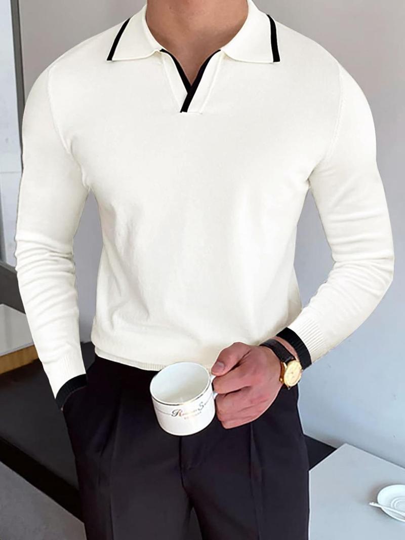 Product Introduction of Men's Contrast Binding Polo Neck Sweater, Regular Fit Casual Long Sleeve Jumper for Fall & Winter, Men's Knitwear for Daily Wear 6