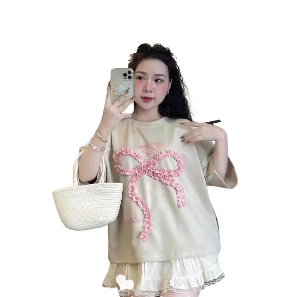 Bộ áo rộng đính nơ và chân váy xoè phối ren free size cho nữ - Women
