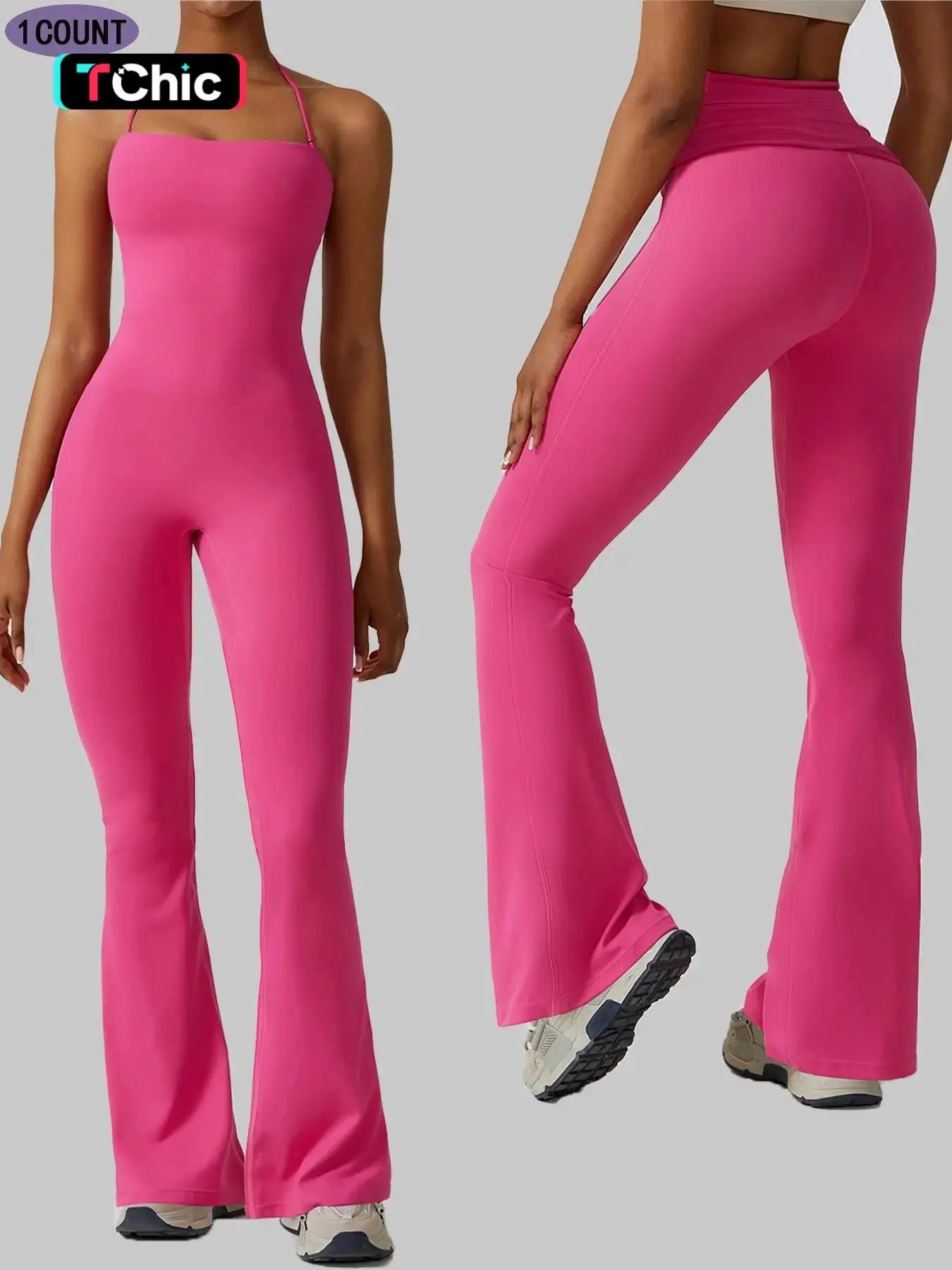 Women's Solid Backless Halter Neck Sports Tummy Control Jumpsuit, Casual Comfy Sleeveless Bell Bottom Jumpsuit for Yoga Gym Workout, Valentine's Day Gift, Ladies Summer Sportswear, Tall Clothing Women
