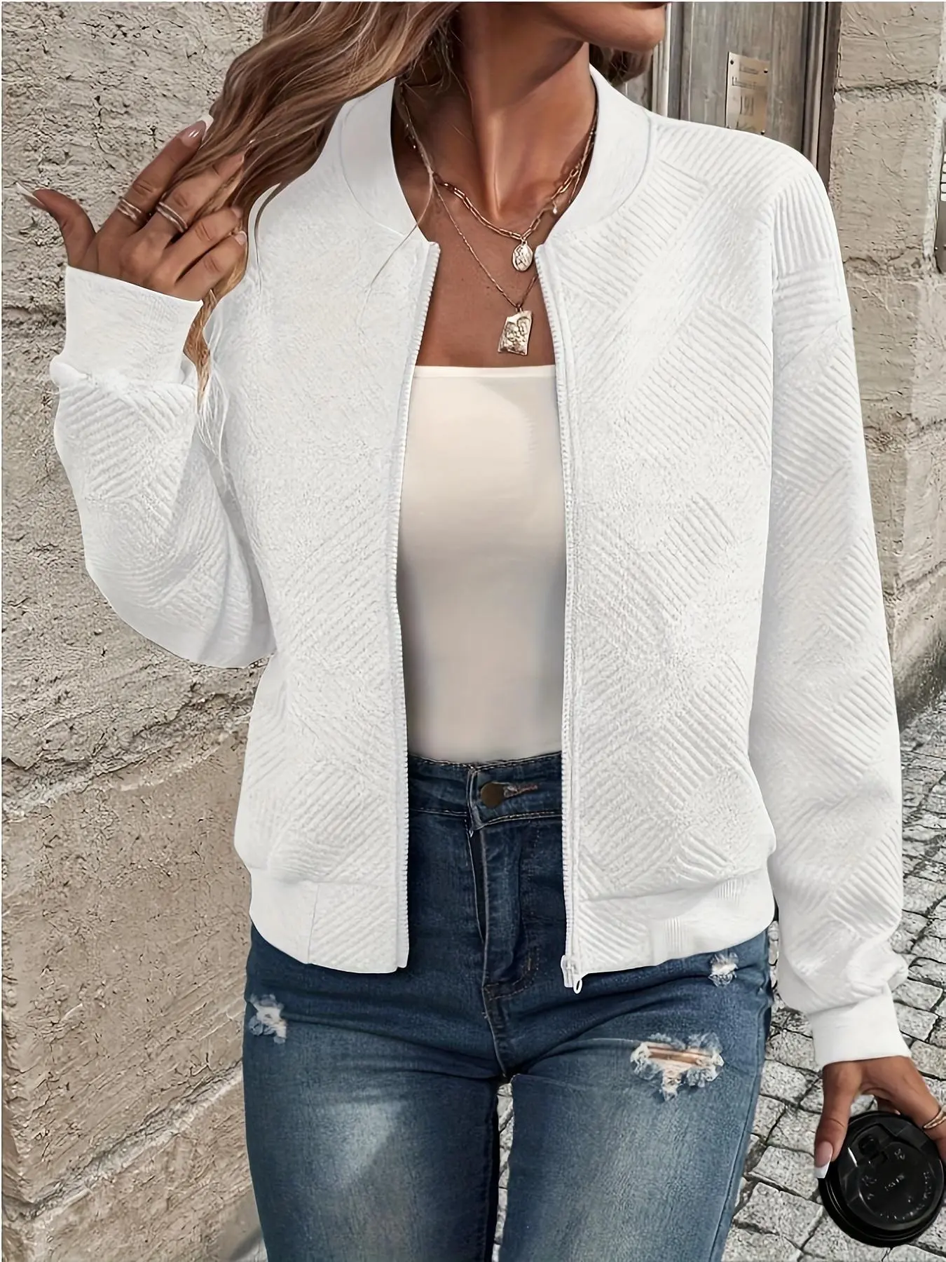 Women's Textured Drop Shoulder Zip Up Jacket, Casual Long Sleeve Mock Neck Outerwear for Fall & Winter, Ladies Clothes for Daily Wear
