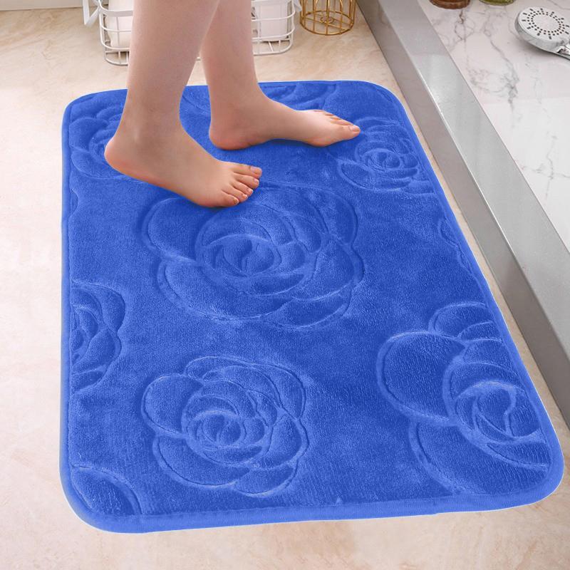 Rose Embossed Absorbent Bath Mat (1 Count), Washable Soft Anti-Slip Door Entrance Carpet, Household Mat for Indoor Living Room Bedroom Kitchen 0