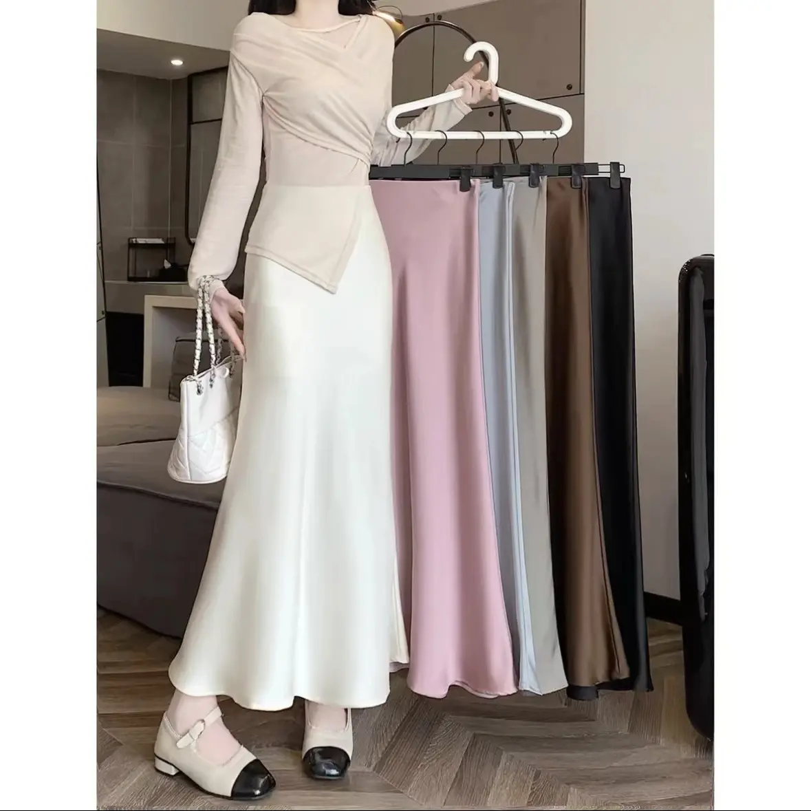 Chân Váy Mịn, Cạp Cao, Dài Trung Bình Làm Thon Dáng, Làm Bằng Acetate Satin, Thích Hợp Cho Mùa Xuân Và Mùa Hè, Thiết Kế Bó Sát Chân Váy Dài Chữ A Đuôi Cá, Hàng Mới Về
