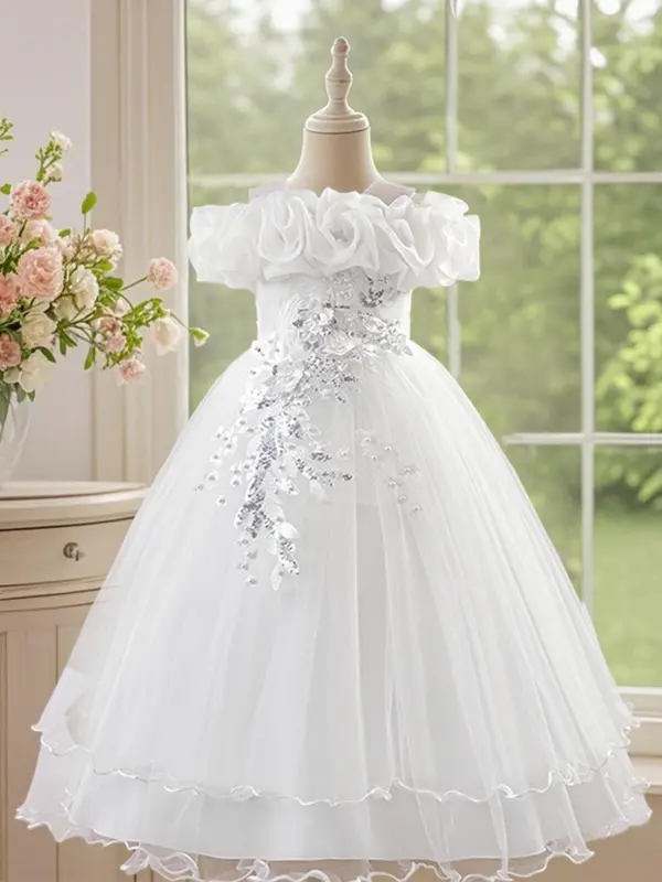Off Shoulder Sequin Tulle Party Princess Dress, Elegant Floral Embroidery Sweater Dress for Evening Party, Kids Clothes for Summer 1