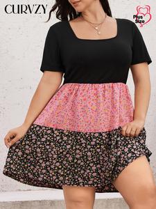 CURVZY Plus Size  Floral Patchwork Print Drop Shoulder A Line Dress, Boho Fashion Casual Short Sleeve Square Neck Dress for Daily Holiday Vacation Wear, Women Plus Clothing for Summer