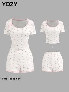 YOZY Women's Floral Print Top & Shorts Two-piece Set, Casual Comfy Short Sleeve Top & Shorts Set, Ladies Sleepwear for All Seasons