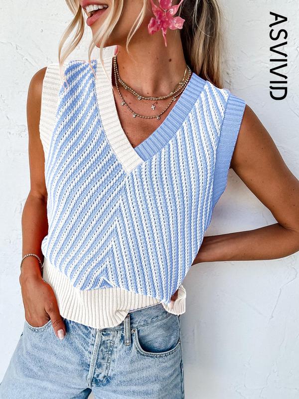 Women's Colorblock Wrap Knit Tank Top, Casual V Neck Sleeveless Top for Summer, Ladies Clothes for Daily Wear 3