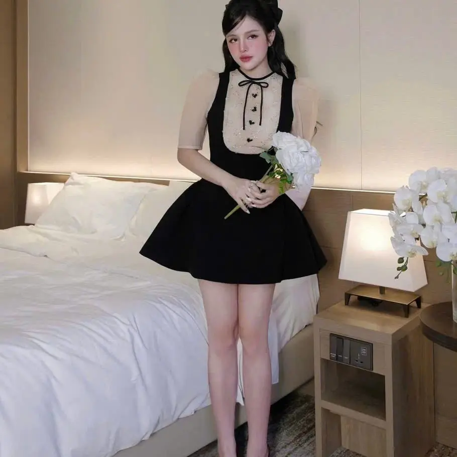 (HÌNH THẬT) Đầm đen đi tiệc cao cấp phối nơ cổ đính đá trái tim