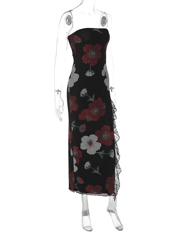Women's Floral Print Contrast Lace Split Thigh Bodycon Tube Dress, Elegant Fashion Backless Long Dress for Party Club Dating Wear, Women Dress for Summer 5