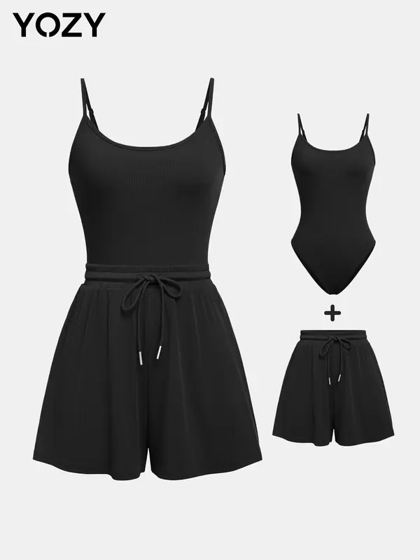 YOZY Adjustable Strap Cami Bodysuit & Drawstring Wide Leg Shorts Set, Casual Round Neck Sphaghetti Strap Bodysuit & Elastic Shorts Set, Back to School Women's Wear for Summer, Travel 3