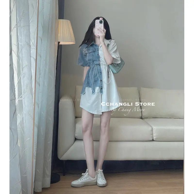 Váy sơ mi phối bò rách rút eo siêu hot, váy sơ mi giả jean 2 màu đen và trắng 2