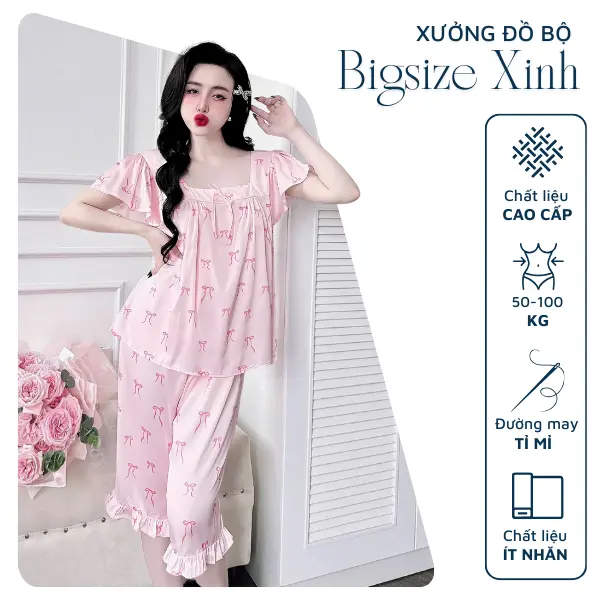 Đồ bộ bigsize xinh 50-100kg chất lửng lụa băng mềm mát  kiểu tiểu thư cổ vuông tay cánh tiên thoải mái bo duigan ngủ
