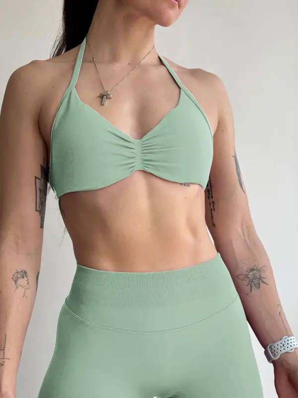 Women's Solid Color Ruched Design Halter Sports Bra, Casual Comfy Breathable Backless Bra for Yoga Gym Workout, Ladies Sportswear for All Seasons, Workout Clothes Women 0