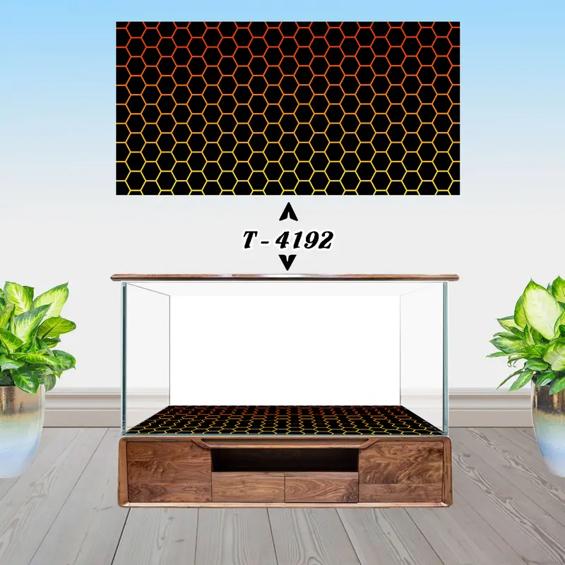 Tranh 3D hồ cá cảnh Mẫu đáy tổ ong gradient đỏ vàng, decal 3 lớp có keo sẵn in theo kích thước yc 0
