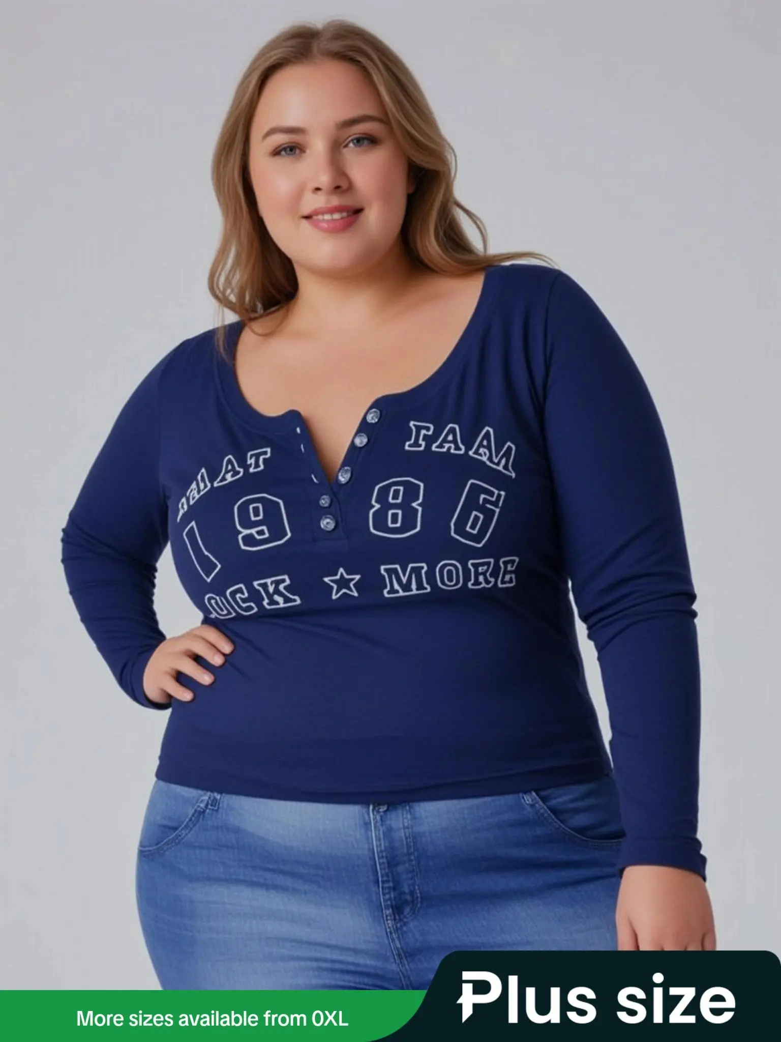 【Plus Size】 Letter & Number Print Button Front Tee, Casual Long Sleeve Round Neck T-shirt for Spring & Fall, Women's Clothing for Daily Wear