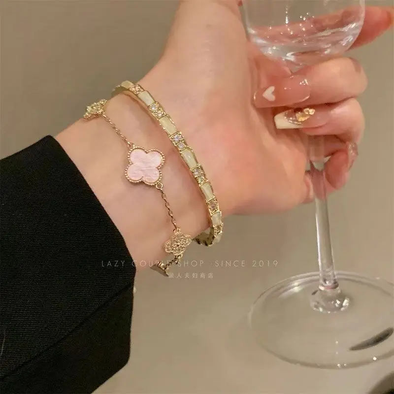 Vòng Tay Zircon Tinh Xấu, Cỏ Ba Lá Fritillary, Chất Liệu Thép Titan Không Phai Màu, Vòng Tay Đôi, Dành Cho Nữ, Thời Trang Ins, Vòng Tay Cao Cấp
