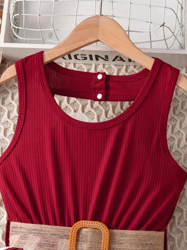 Girl's Colorblock Print Tank Romper with Belt, Elegant Sleeveless Jumpsuit for Summer, Kids Clothes for Daily Wear 2