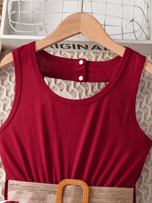 Girl's Colorblock Print Tank Romper with Belt, Elegant Sleeveless Jumpsuit for Summer, Kids Clothes for Daily Wear 2