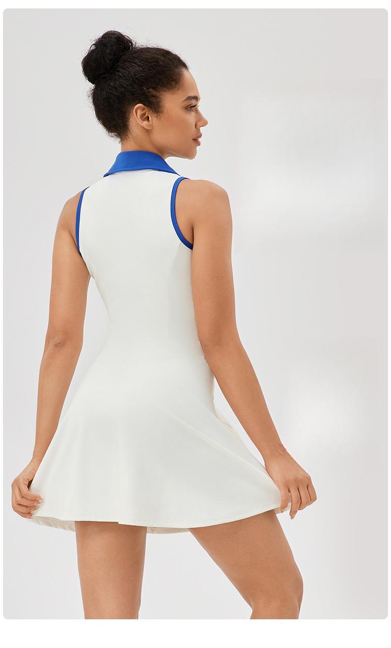 Product Introduction of European and American Lapel One-Piece Tennis Skirt Women's Quick-Drying Breathable Waist-Tight Contrast Color Sports Leisure Fitness Dress 2