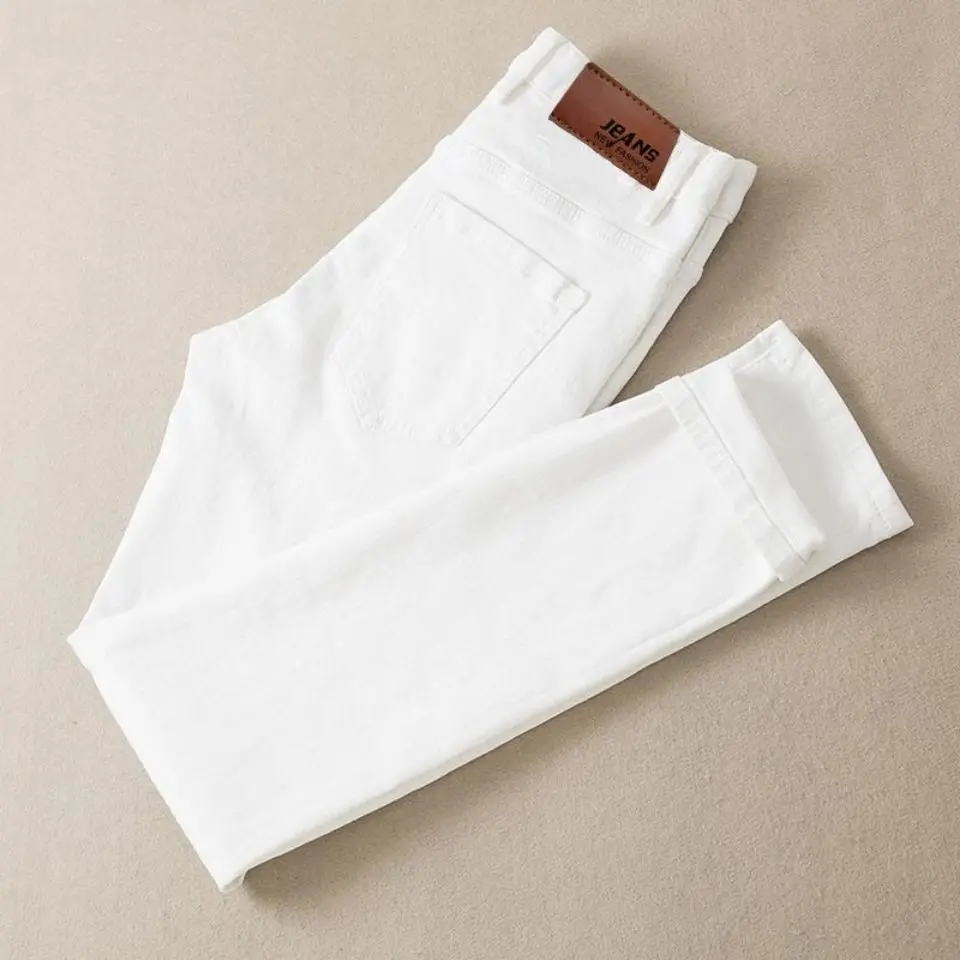 Quần Jean Nam, Màu Trắng Tinh Khiết, Dáng Ôm, Co Giãn, Denim Đã Giặt, Thường Ngày, Mỏng, Hàng Mới Về Mùa Xuân Và Mùa Hè 2024, Phong Cách Hàn Quốc