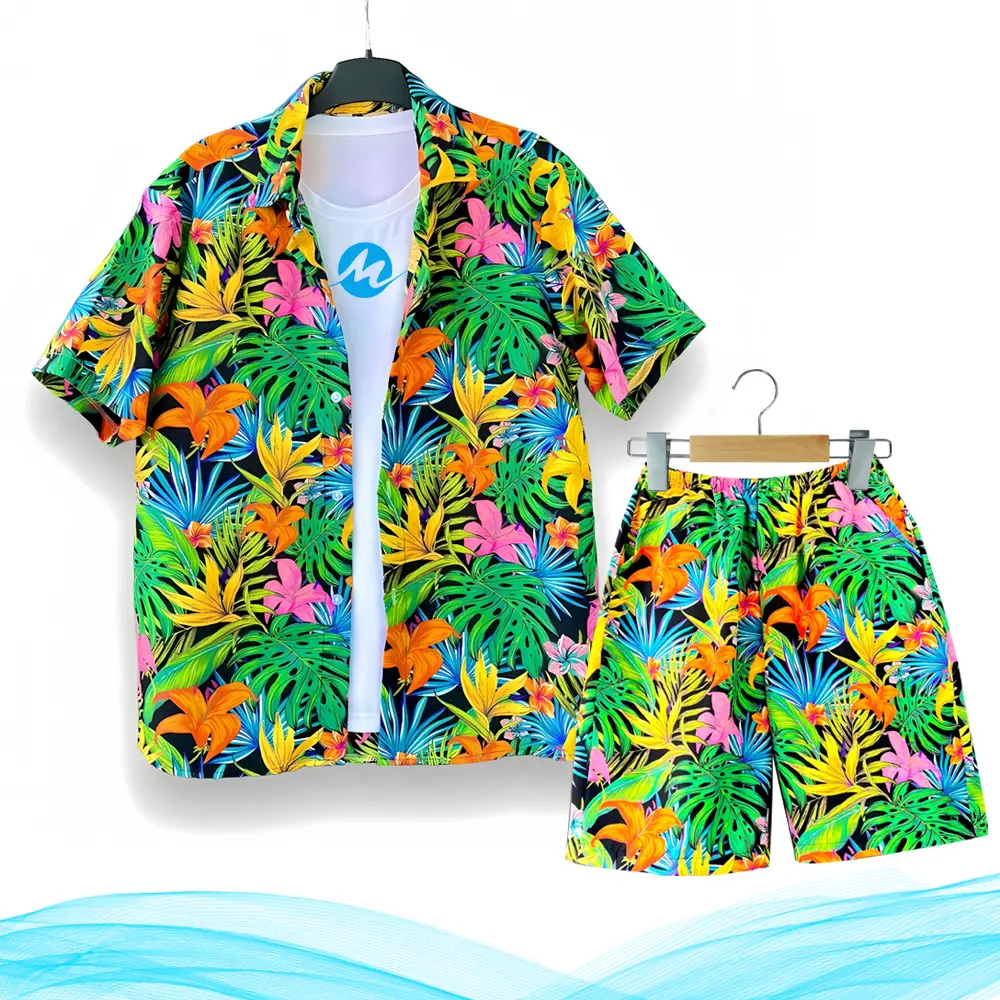 Set đồ đi biển họa tiết hoa lá cành Kate Thái mềm mại cho nam và nữ mặc đi biển hoạt động nhóm và gia đình