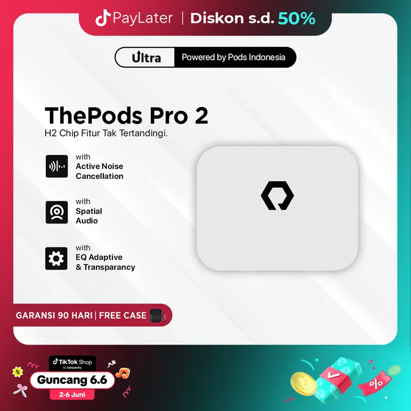 [Guncang 6.6] [FREE CASE] ThePods Pro 2nd TWS H2 chip Wireless Charging Case by Pods Indonesia Earbuds Bluetooth 0