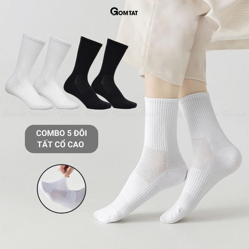 Combo 5 đôi tất cổ cao nam nữ trơn màu GOMTAT chất liệu cotton cao cấp, Vớ trơn có mặt lưới thoáng khí - GOM-KLB-TRONCAO-CB5