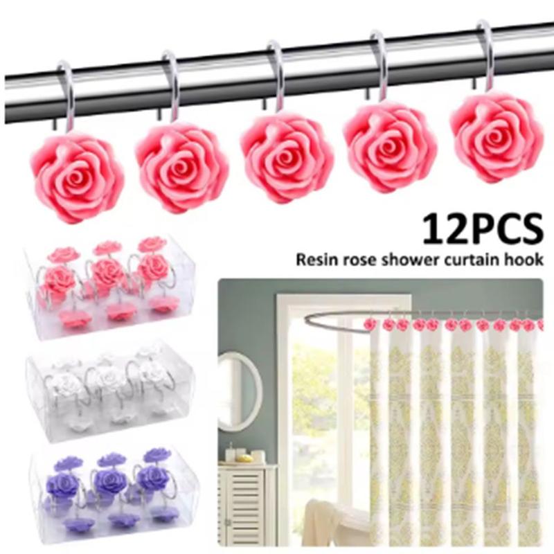12Pcs Smooth Glide Rose Flower Design Shower Curtain Hook Free Sliding Decorative Hooks Shower Curtain Rings Rustproof Anti-Drop Shower Rod Ring Bathroom 1