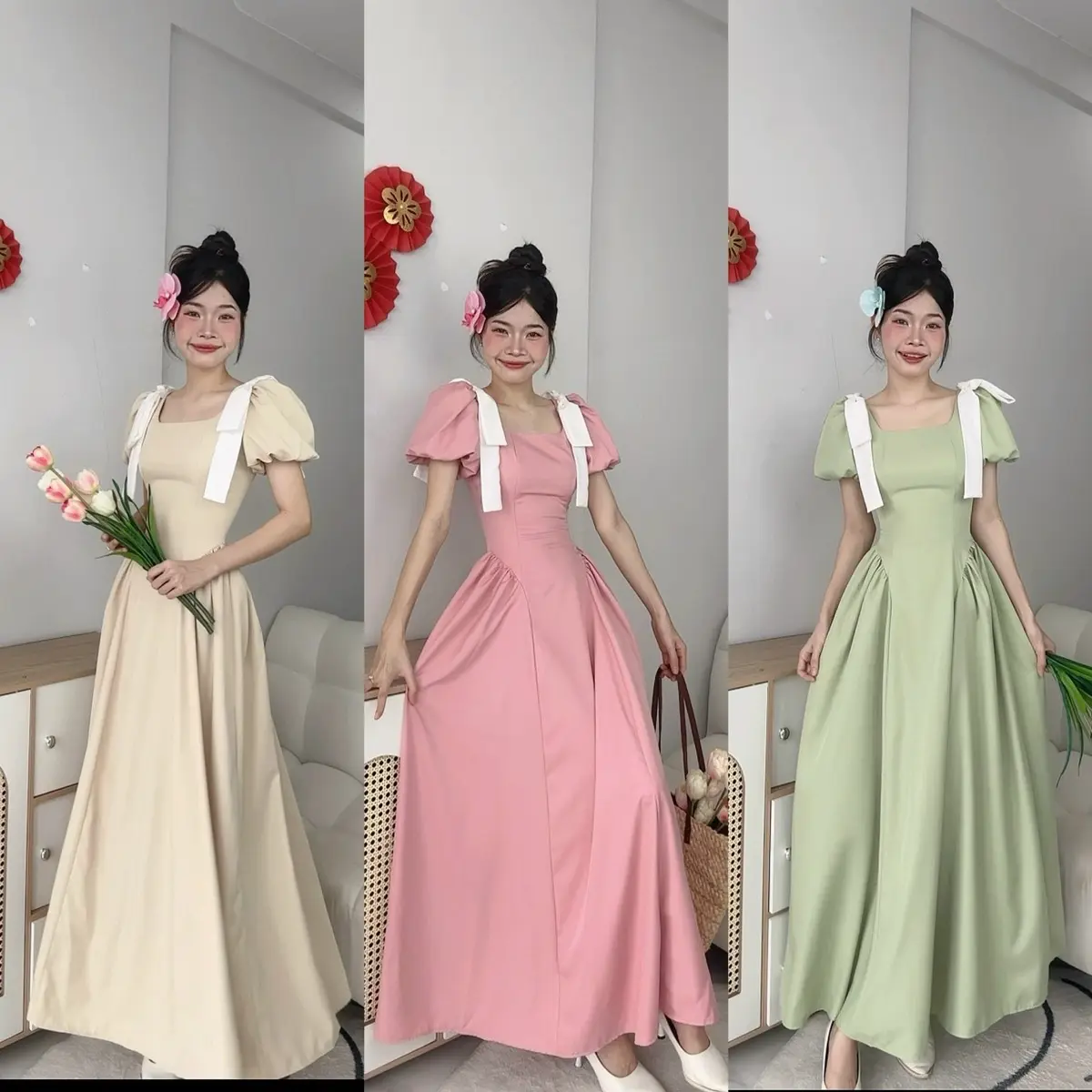 Váy Dài Tay Bồng Tiểu Thư Phối Nơ Vai Màu Trắng Thiết Kế Chiếc Eo Thon Gọn NaryClothing Dress Nữ váy  tiệc Nhung Voi