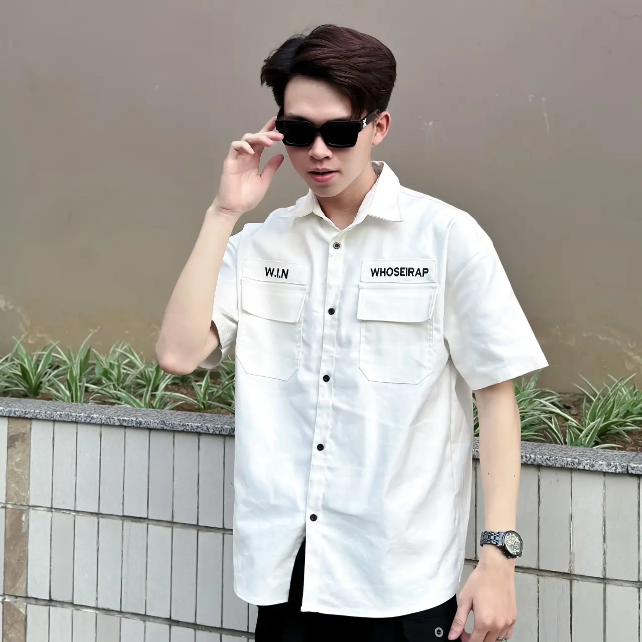 Áo sơ mi KaKi Nam Nữ thêu W.I.N cao cấp kiểu dáng sang trọng thời trang unisex Menswear Shirt Có Cổ Trắng