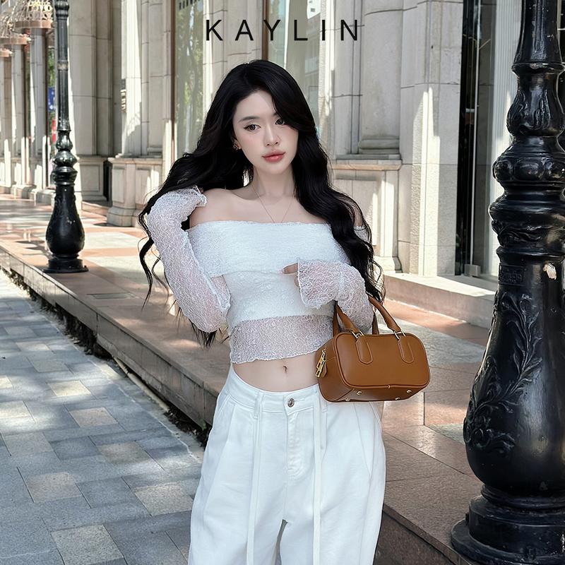 Áo kiểu trễ vai KAYLIN form Croptop chất thun lụa phối hoạ tiết ren lưới co giản thoáng mát thoải mái phong cách - N2332 Women Nữ