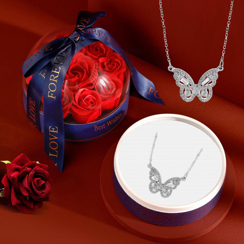 Unique Gift, 1 Count Artificial Rose & Rhinestone Butterfly Necklace Gift Set, Flower Decor Ribbon Bowknot Jewelry Box with Necklace, Spring Party Favors 6