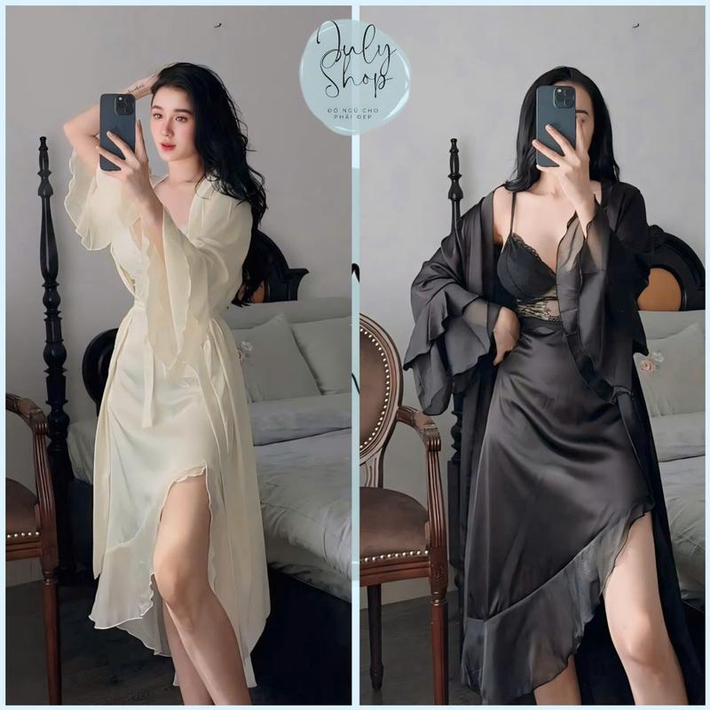 Đầm Ngủ JULY 2 Dây Xẻ Tà Phối Voan Tơ Set Đầm Ngủ Kèm Áo Choàng Lụa Mềm Mịn Freesize <58kg