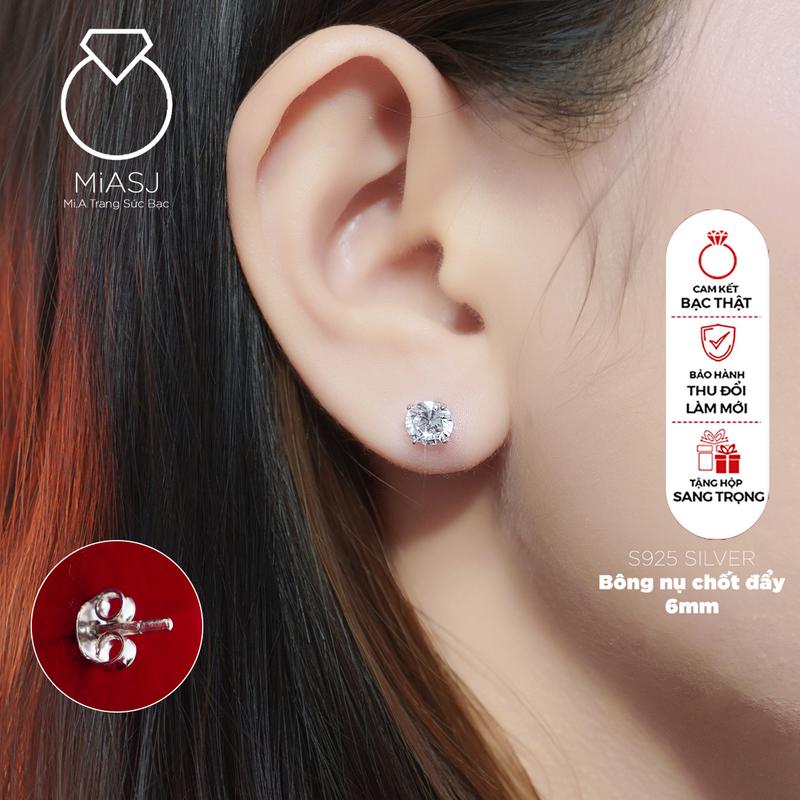 BÔNG NỤ 6LI - Bông khuyên tai hột nụ tròn chốt đẩy Bạc Ý S925 đá CZ6A cao cấp | MiA Trang sức bạc