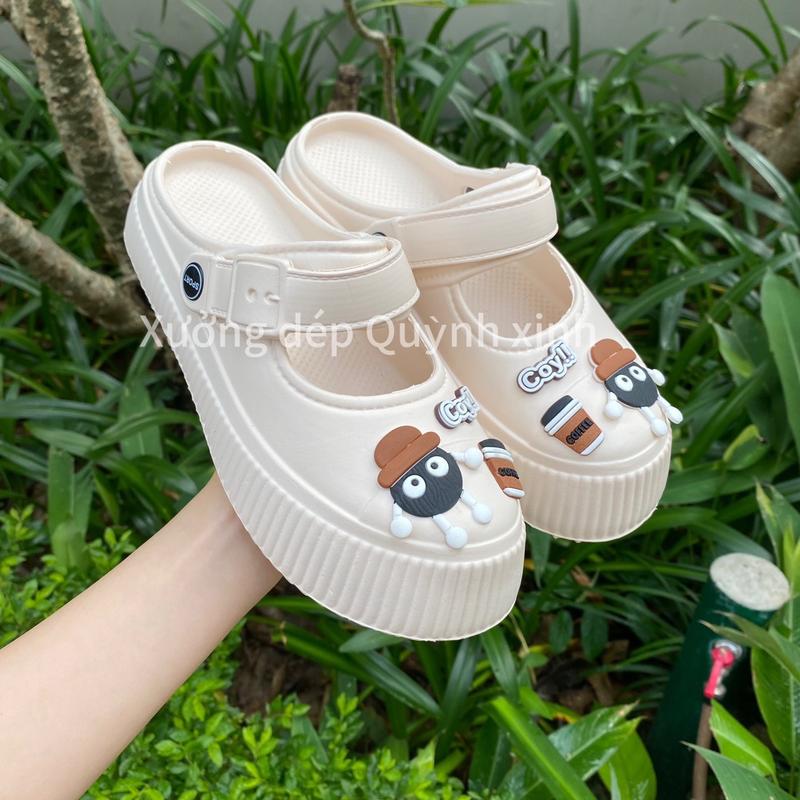 QX035 Dép Sục Nữ Đế Cao Xưởng Dép Quỳnh Xinh - bánh mì năng động trẻ trung dép nữ đế cao DéP Shoes - Màu be - đen - Len Hoa GiàY Sandal Quai Hậu
