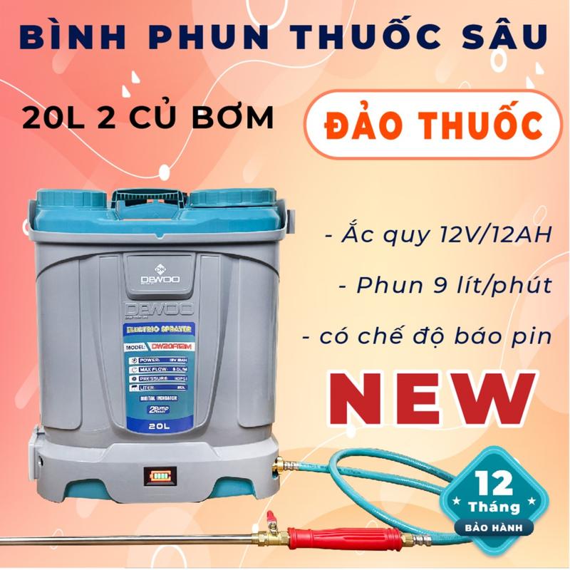 Máy phun thuốc Dewoo DW20A12M - 2 bơm NEW | có chế độ đảo thuốc và báo pin điện tử Ắc quy lớn 12V 12AH quáy thuốc