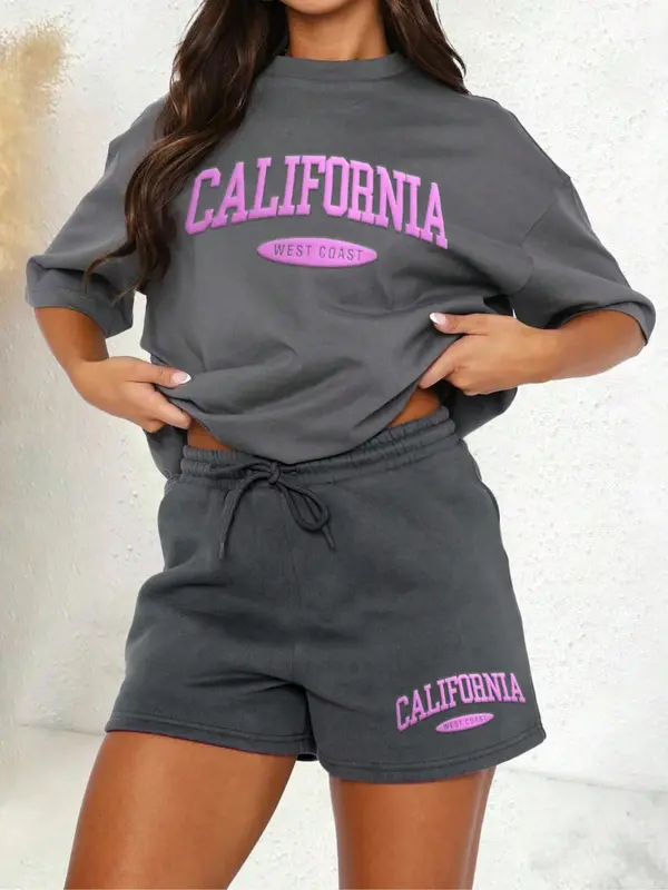 Women's Letter Print Tee & Drawstring Waist Shorts Set, Cozy T-shirt & Shorts for Daily Outdoor Wear, Ladies Summer Clothes, Suits 3