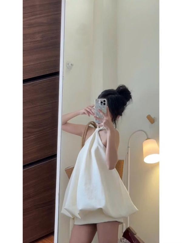 Kèm quần Đầm cổ yếm vải trơn phồng bí xòe nơ cột hông kèm quần bảo hộ rời đi biển váy xinh đầm nữ xinh dễ thương