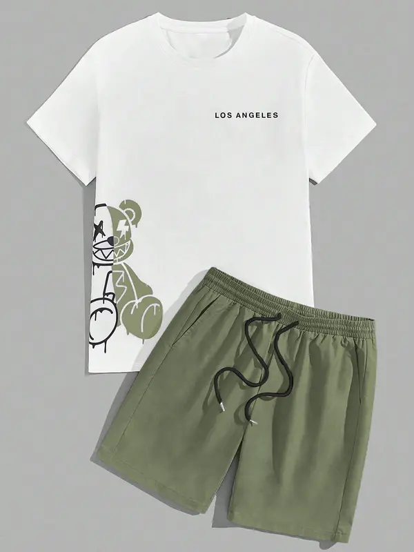 Two-Piece Set Men's Cartoon Bear & Letter Print Short Sleeve Tee & Shorts Set, Regular Fit Casual Round Neck T-shirt & Track Shorts, Summer Clothes Set for Men 8