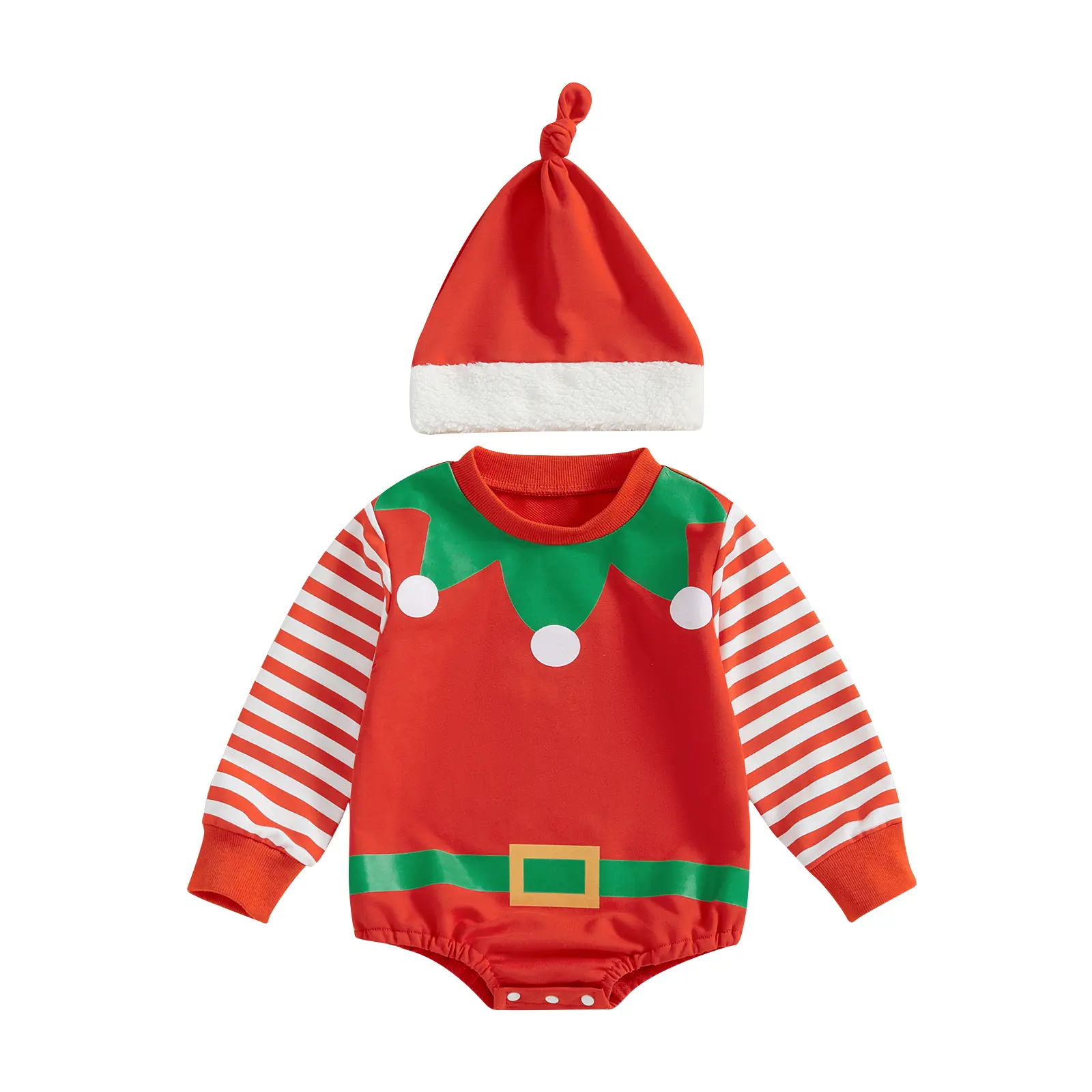 Baby Christmas Sweatshirt Romper Santa Claus Striped Long Sleeve Fall Jumpsuit Terry Trim Hats Outfits